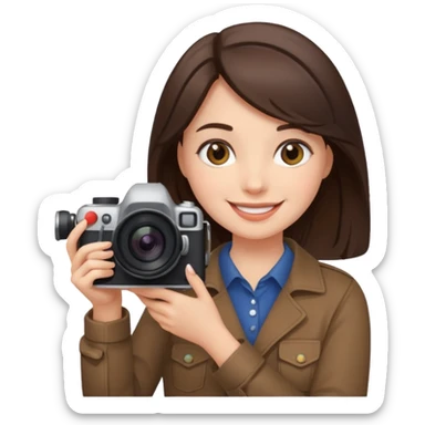 A brunette girl smiling, she’s a proud and successful filmmaker 🍿🌍✨ Holding a camera or behind / next to a camera, / holding awards  sticker