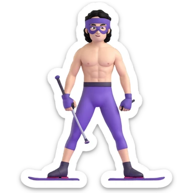 shirtless athletic man with white skin and black curly hair, wearing a purple ski mask sticker