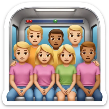 group of five cheerful people, men and women, standing and sitting close together in a subway car that looks like Apple emoji subway, dressed in different pastel t-shirts, Apple emoji style sticker
