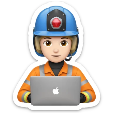 Person mit Helm sitzt an einem Laptop sticker