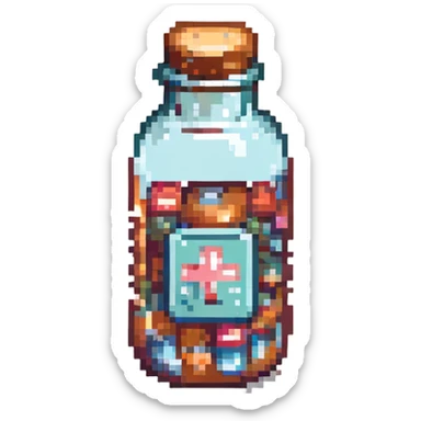 medicine bottle with blocky, retro graphics sticker