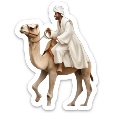 a man in white robes riding a camel in the desert sticker