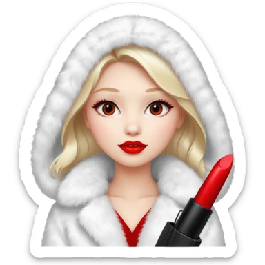 A beautiful, cute girl with red lipstick is posing for a photo in a white fur coat sticker
