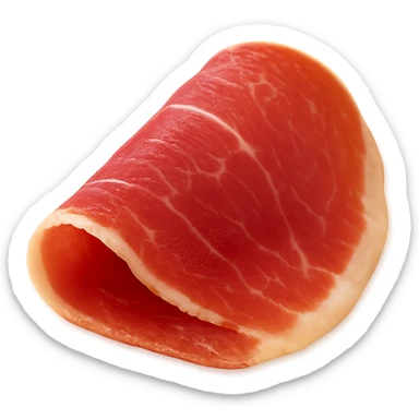 Show only one thin, delicately folded slice of dry-cured ham (jambon cru) with deep pink to reddish hue and visible streaks of white fat. Texture should be silky, slightly translucent, and marbled, with a natural fold or curl. Fat should look creamy and well integrated. Clean 3D, soft lighting, transparent background, emoji scale. sticker