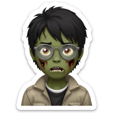 Boy, zombie, black hair, little long, emo, shaggy, dark, spooky, creepy expression, with black glasses sticker