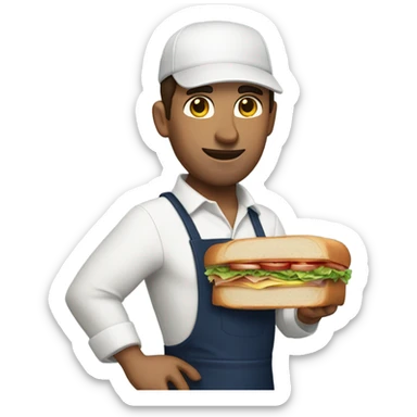 Male man with brown hair worker with white shirt and navy apron with khakis and hat holding a sandwhich sticker