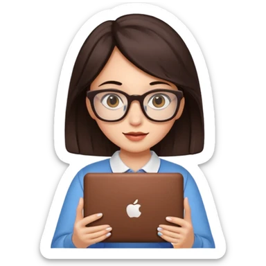 A chocolate-haired girl with square glasses, holding a Mac computer in her hands sticker