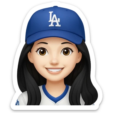 Can you make an emoji of a girl with fair skin with black long hair wearing an LA dodger hat. Only include her face no neck.  sticker