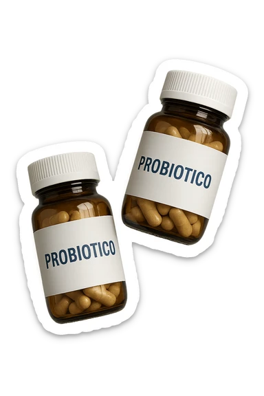 due boccette di integratori con la scritta "PROBIOTICO" SULL'ETICHETTA, FLUTTUANO IN ARIA, realistica 4k sticker