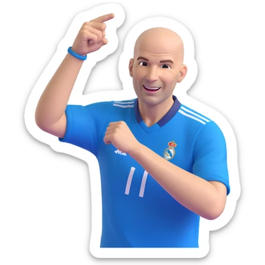 Zinedine Zidane, 3D emoji style, bald, blue football shirt, celebrating, cheerful face sticker