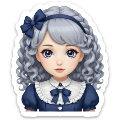 Pale girl with soft curly silver/grey-navy hair, grey eyes, doll-like makeup, wearing a navy lolita hime gyaru dress emoji. sticker