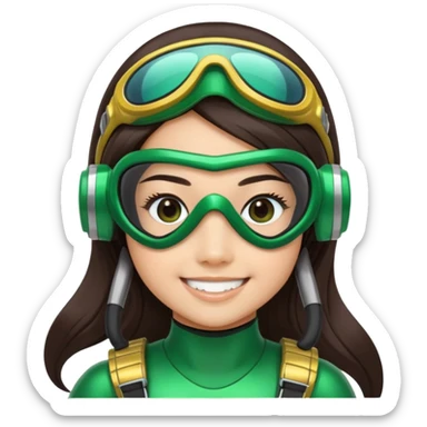 green Power Ranger, Asian girl with long straight dark brown hair, side part, big smile, scuba goggles sticker