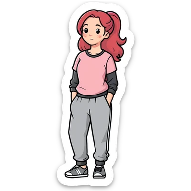 Red hwad long hair pink top pale freckles and sweatpants sticker
