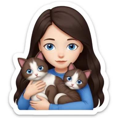a girl with long dark 
brown hair, with blue eyes, hugs 3 different natural coloured cats sticker
