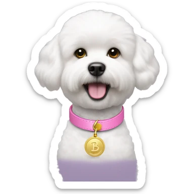 bichon dog wearing a pink collar with a gold coin shaped tag hanging from the collar sticker