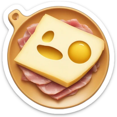 A big Melting raclette cheese in a plate with a little piece of ham and 4 potatoes  sticker