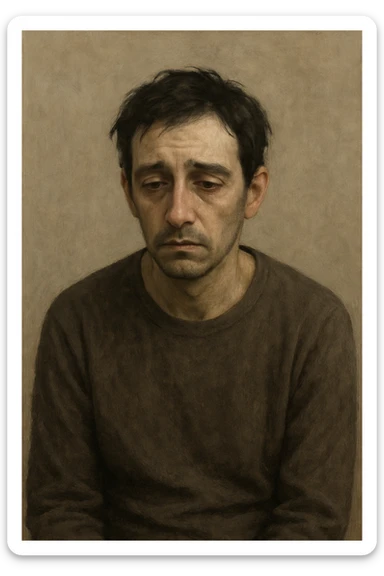 a sad person with slumped posture, tired eyes, subtle frown, neutral background sticker