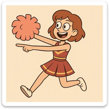 Change the pose so both of the cheerleader's arms are pointing to the left, keeping the same flat toon style and cheerful expression. sticker