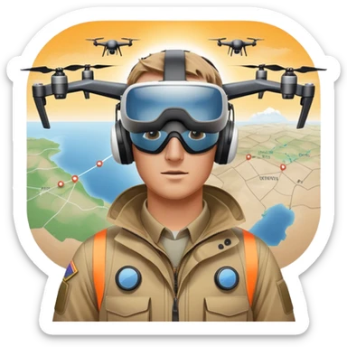 Gender: Male Hair: Military fade with VR headset indentation Face: Sunburned nose bridge from outdoor testing Clothes: High-visibility jacket with drone battery holster Action: Swarming UAV icons on weather-overlay map sticker
