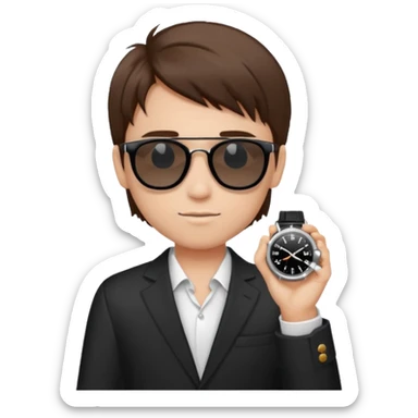 Un niño con pelo lacio color castaño,con lentes de sol negros y un reloj en la mano sticker