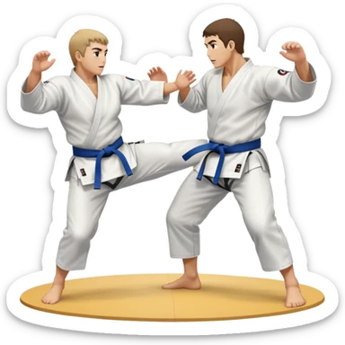 Two judo practitioners in traditional gi, one executing a powerful throw while the other is countering with a defensive move. The background features a judo mat and a focused dojo atmosphere. Transparent background highlights the precision and technique of judo. sticker