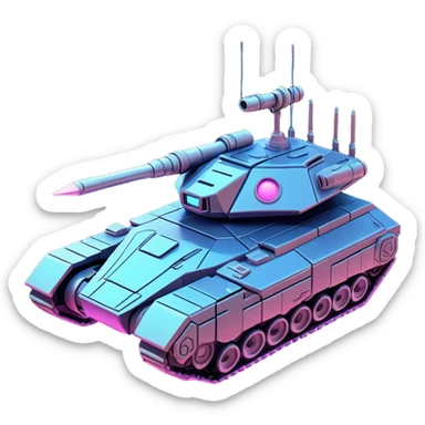 Clash of Clans aesthetic: Cinematic Playful Space Tank Emoji, rendered in a 3D vector-style similar to standard emojis with minimal shading and bold, simplified shapes. A robust, isometric armored vehicle with sleek futuristic plating and energy cannons, softly glowing with a high-tech cosmic combat charm. Simplified yet unmistakably iconic, highly detailed and consistent, glowing with a soft radiant shine and high gloss. Stylized with a touch of intergalactic warfare and a soft glowing outline, capturing the essence of a futuristic battle machine with a friendly, playful spirit! sticker