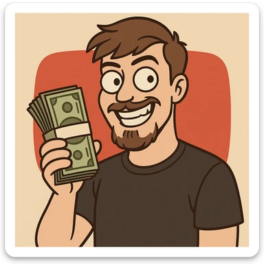 MrBeast holding a stack of money, playful grin, cartoon style, YouTube background sticker