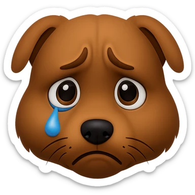 Create an emoji style image of a dog with an even sadder look, furrowed eyebrows, large round eyes with a tear, and a very sad expression. The background should be transparent. The style should resemble apple style emojis with concise details. sticker
