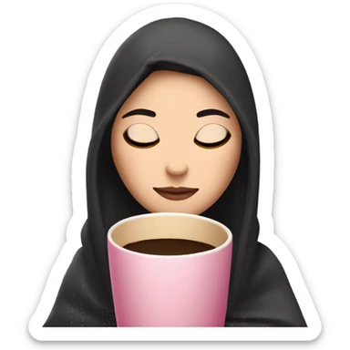 white girl with black straight hair inside a pink blanket sipping coffee eyes closed sticker