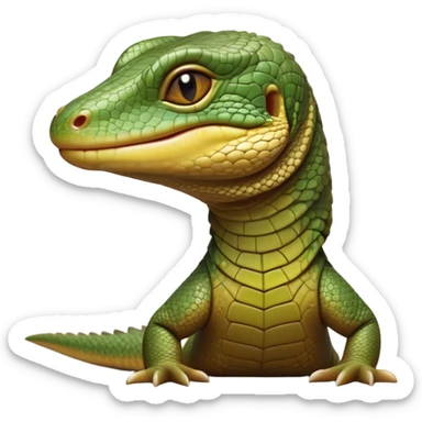 Cinematic Realistic Cute Monitor Lizard Portrait Emoji, Head tilted playfully and inquisitively, featuring a compact, agile body with finely detailed, glossy scales in earthy olive hues and a distinct, alert face with bright, curious eyes, rendered with lifelike natural highlights, high shine, affectionate and spirited, styled with a touch of rugged whimsy, soft glowing outline, capturing the essence of a mischievous yet lovable monitor lizard that seems poised to scurry playfully into your arms! sticker