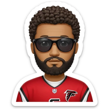 Black man with black sunglasses and curly short
 hair with a full beard and sideburns in a falcons jersey sticker