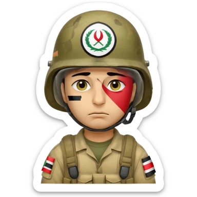 Tired Iraqi soldier wearing helmet with Iraqi flag, sad expression, half open eyes and bags under eyes, reflecting fatigue and pain sticker