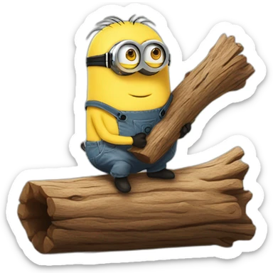 minion cutely hugs a log holding it in front of him sticker