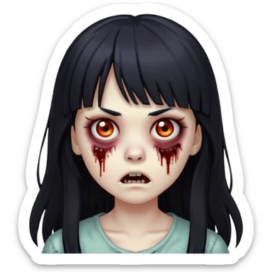 zombie girl with long black hair, bangs, and scary expression sticker