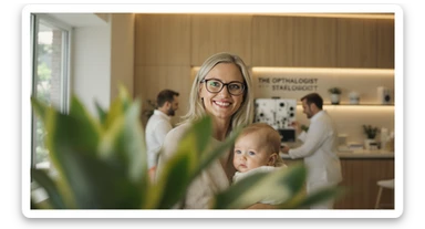 Cinematic still, blurred plants in the foreground (close to the camera), Proffesional advertising of a smiling european white woman with glasses smiling holding baby, minimalistic ophthalmologist interior in background, leading  lines, "rule of thirds", 60/30/10 colors, soft light, warm colors sticker