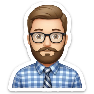Bearded man with glasses wearing a plaid shirt with a striped tie sticker