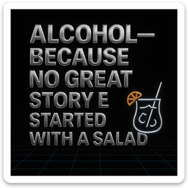 Simplify the vaporwave card: use a minimal neon grid background, one drink icon, and bold chrome text for the quote. Remove extra graphics and keep the color palette clean and limited. sticker