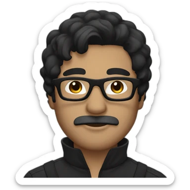 A man with black hair, black glasses and a black mask sticker