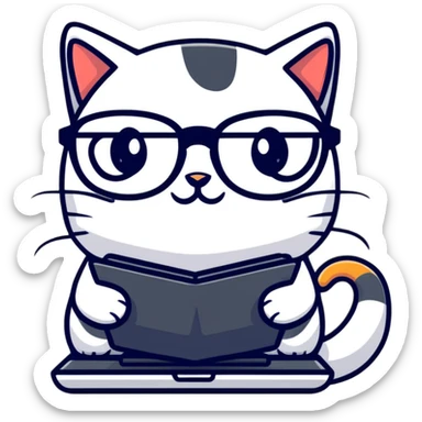 cat with glasses and a computer in its paws sticker