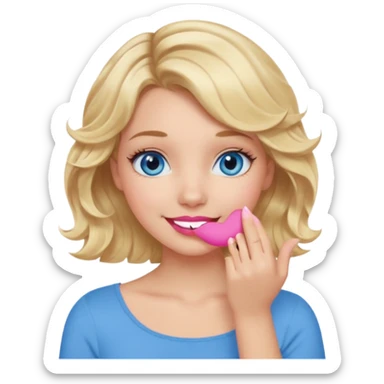 Girl Blonde short wavy hair,  blue eyes, cute blue top, long lashes, pink lips, smiling, hand covering the mouth sticker