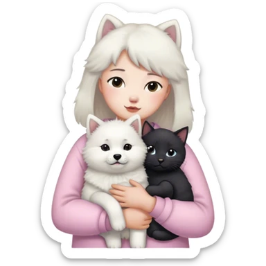 Samoyed and black British cat hug children in pastel clothes sticker