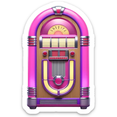 3D render of Jukebox, vintage 1980s audio equipment aesthetic, tactile analog buttons, neon pink and purple light tubes with chrome trim, mixed wood grain and brushed aluminum textures, Apple emoji style, isolated on white background --v 6.0 sticker