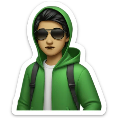 Young boy with green hoodie and sunglasses and black hair sticker