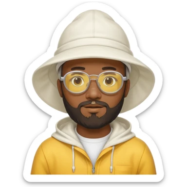 black male bee keeper with beard, white hat and yellow glasses, white outfit, white hood sticker