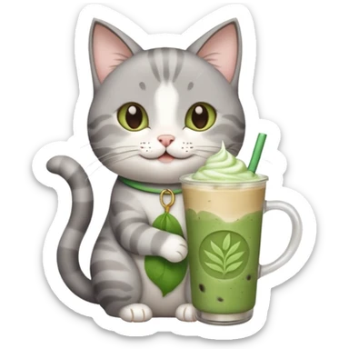 Happy gray Cat holding in its front two paws an iced matcha latte sticker