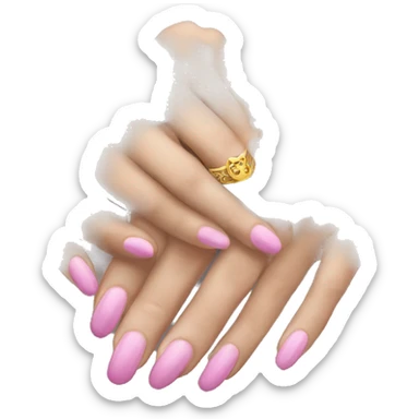 A white woman’s praying hands with pink nails and a gold ring sticker