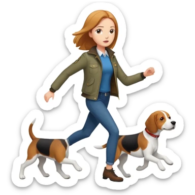 A beautiful tall girl with fair skin wearing a jacket chasing a beagle sticker