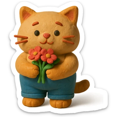 a chubby kitten dressed in pants and holding flowers sticker
