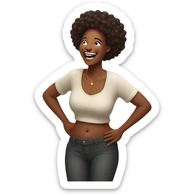 Joyful Black woman laughing heartily, holding belly with both hands. Bright and cheerful mood. Emphasize natural expressions and vibrant energy. sticker