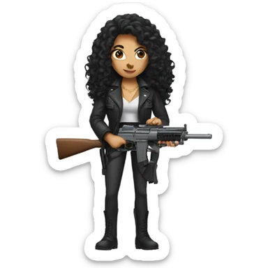 woman with long black curly hair and a gun sticker